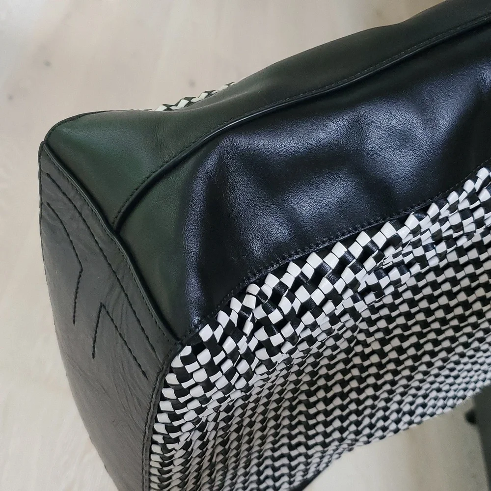 Tory Burch Erica Hobo Bag in Black and White Woven Leather